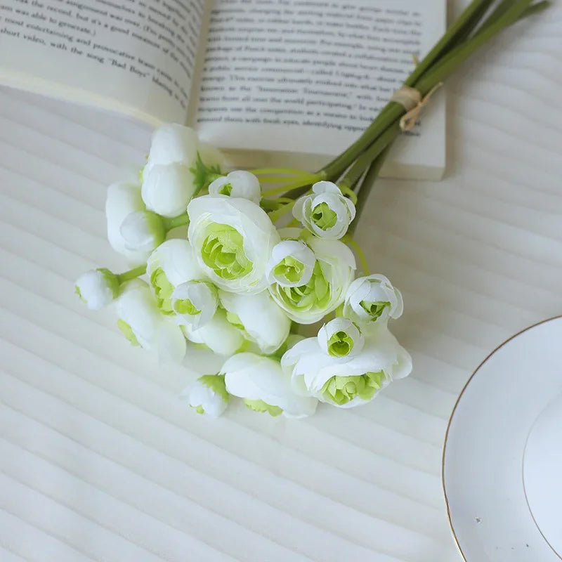 28CM Artificial 6-piece Hand Tied Lotus Bouquet Rose Camellia Living Room Dining Table Decoration Artificial Flower Bouquet