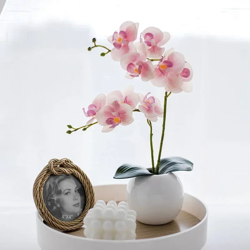 46CM Two Branched Phalaenopsis with Leaves Simulation Flower Artificial Realistic Orchid Flower Soft PVC Home Vase Decoration