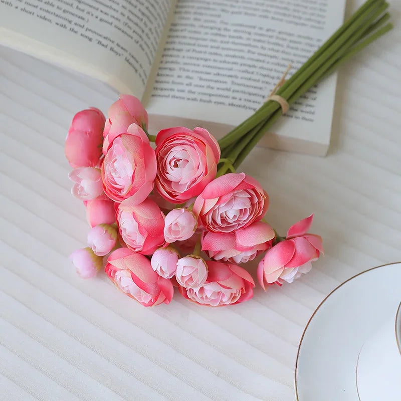 28CM Artificial 6-piece Hand Tied Lotus Bouquet Rose Camellia Living Room Dining Table Decoration Artificial Flower Bouquet