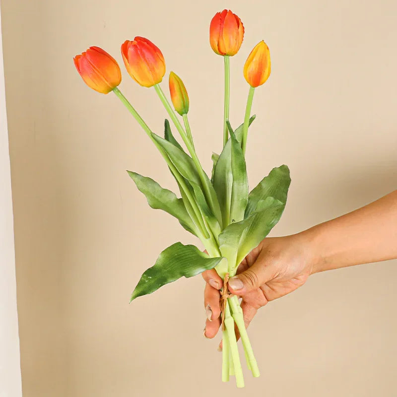 5 Head Artificial Tulips Wedding Home Decoration Simulation Flowers 3 Flowers 2 Buds Soft Plastic Tulips Feel Tulip Bouquet