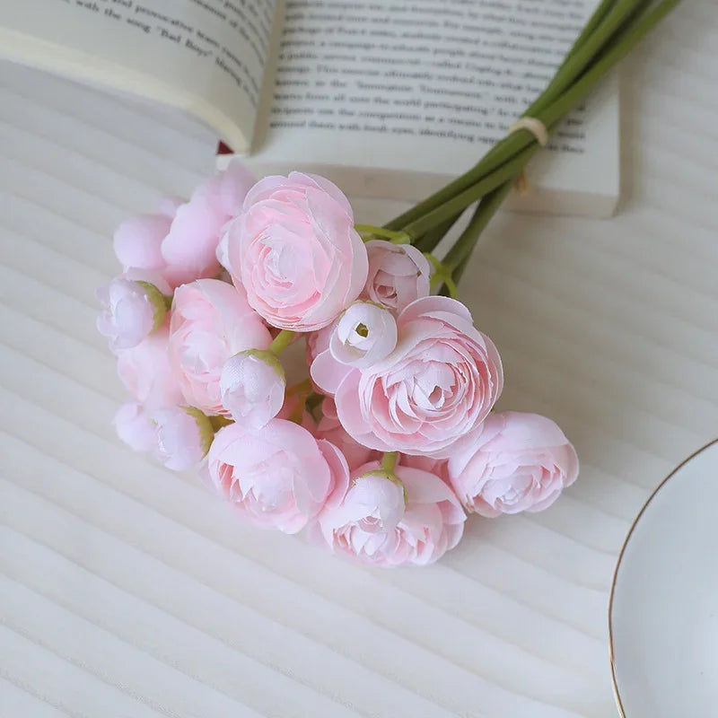 28CM Artificial 6-piece Hand Tied Lotus Bouquet Rose Camellia Living Room Dining Table Decoration Artificial Flower Bouquet