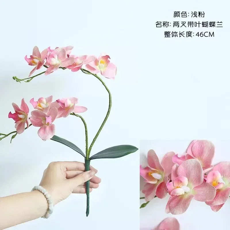 46CM Two Branched Phalaenopsis with Leaves Simulation Flower Artificial Realistic Orchid Flower Soft PVC Home Vase Decoration