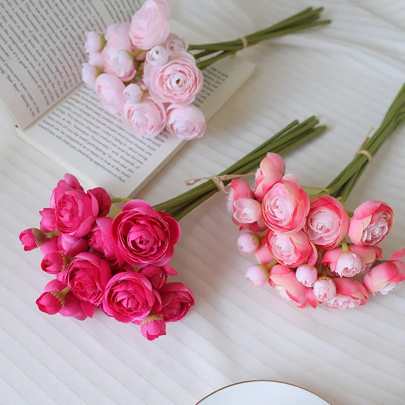 28CM Artificial 6-piece Hand Tied Lotus Bouquet Rose Camellia Living Room Dining Table Decoration Artificial Flower Bouquet
