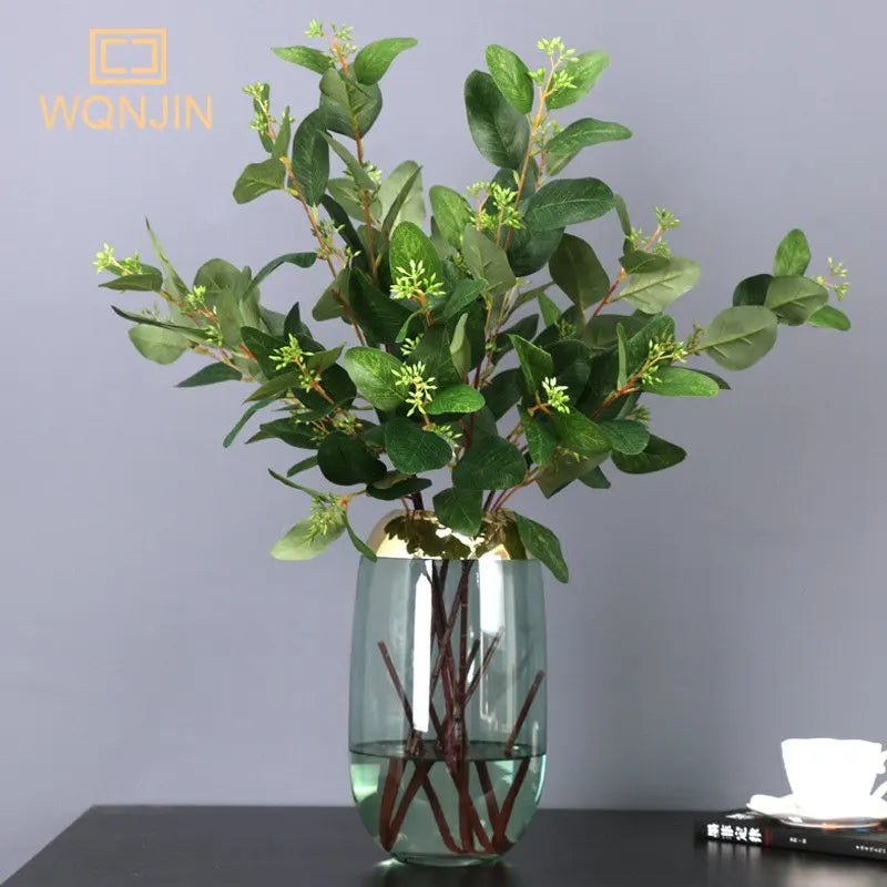 WQNJIN 85cm Artificial Green Plants Eucalyptus Leaf With Fruit Branch DIY Wedding Flower Materials Photo Props Home Decor