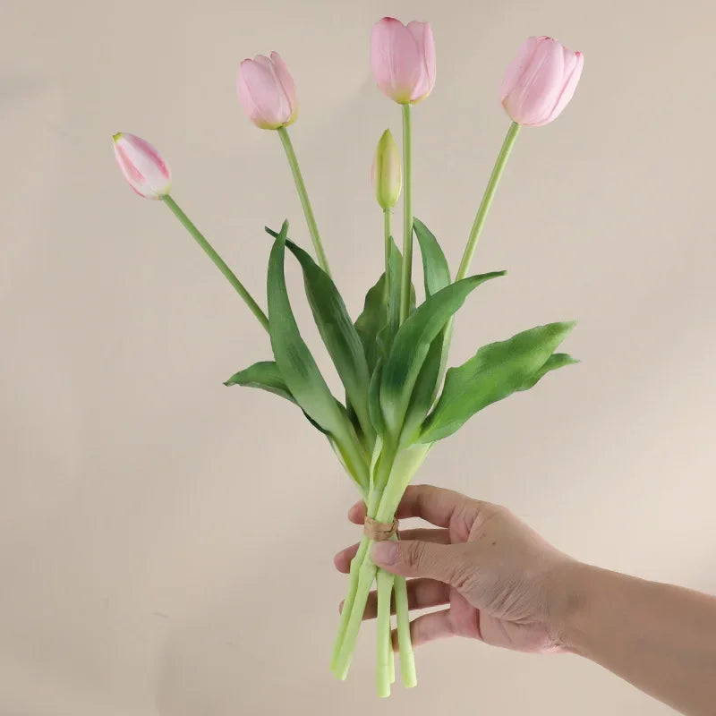 5 Head Artificial Tulips Wedding Home Decoration Simulation Flowers 3 Flowers 2 Buds Soft Plastic Tulips Feel Tulip Bouquet