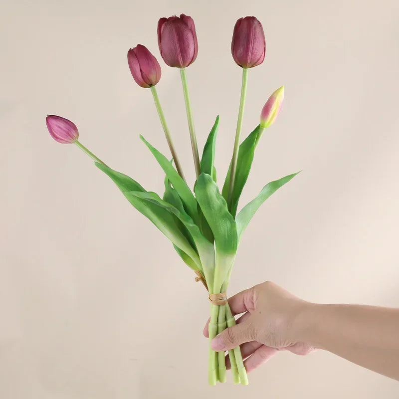 5 Head Artificial Tulips Wedding Home Decoration Simulation Flowers 3 Flowers 2 Buds Soft Plastic Tulips Feel Tulip Bouquet