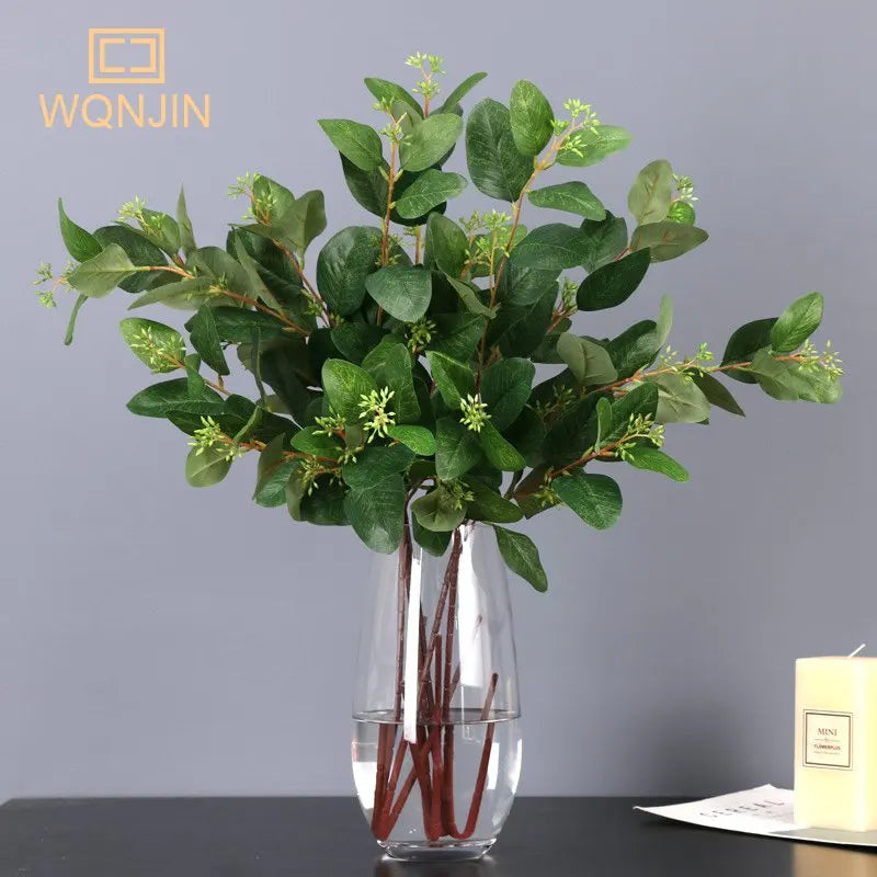 WQNJIN 85cm Artificial Green Plants Eucalyptus Leaf With Fruit Branch DIY Wedding Flower Materials Photo Props Home Decor