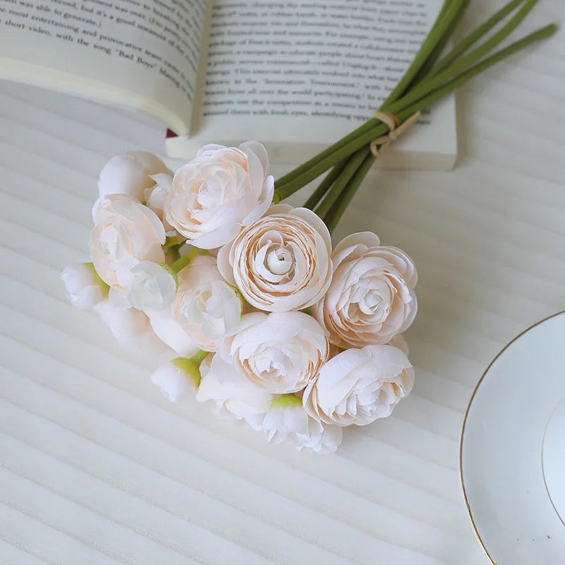 28CM Artificial 6-piece Hand Tied Lotus Bouquet Rose Camellia Living Room Dining Table Decoration Artificial Flower Bouquet