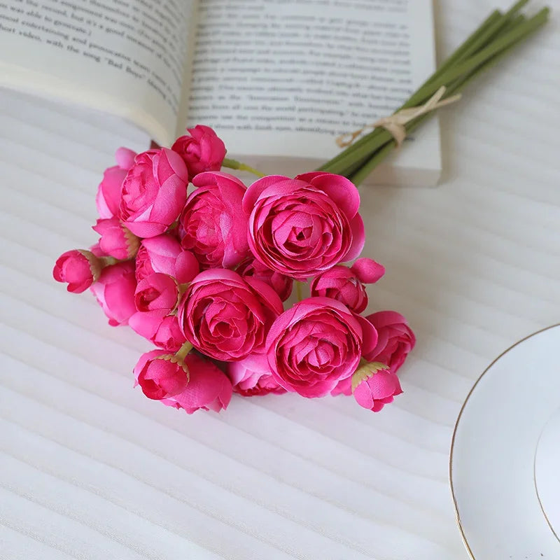 28CM Artificial 6-piece Hand Tied Lotus Bouquet Rose Camellia Living Room Dining Table Decoration Artificial Flower Bouquet