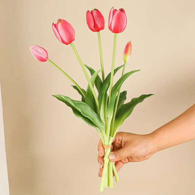 5 Head Artificial Tulips Wedding Home Decoration Simulation Flowers 3 Flowers 2 Buds Soft Plastic Tulips Feel Tulip Bouquet