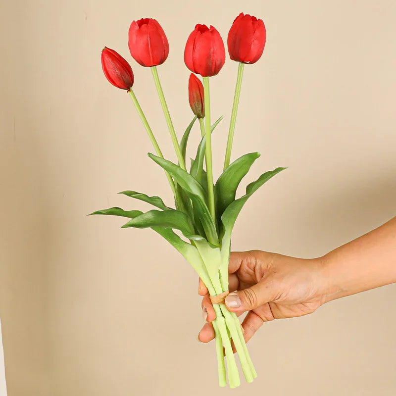 5 Head Artificial Tulips Wedding Home Decoration Simulation Flowers 3 Flowers 2 Buds Soft Plastic Tulips Feel Tulip Bouquet